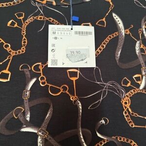 Zara Basic Black Top with Gold and Brown Accents